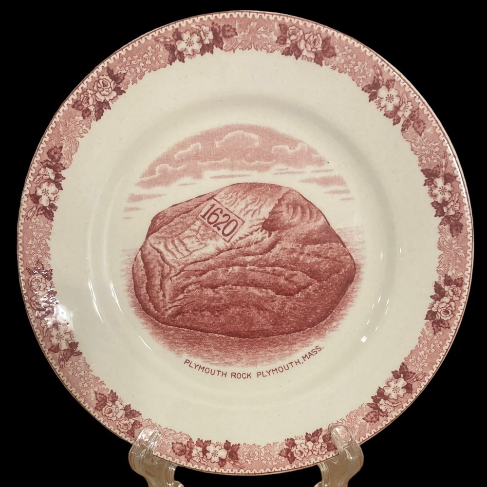 Vintage Plymouth Rock Plate Pink Transferware Thanksgiving Staffordshire Ware 6”